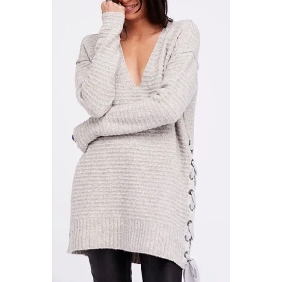 Free People Heart It Laces Oversized Sweater Womens Size S Gray Knit Pullover - Picture 1 of 10
